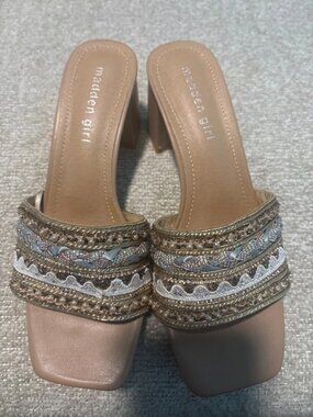 Madden Girl Embellished Block Heel Slide Mules Size 7 Nude Beige